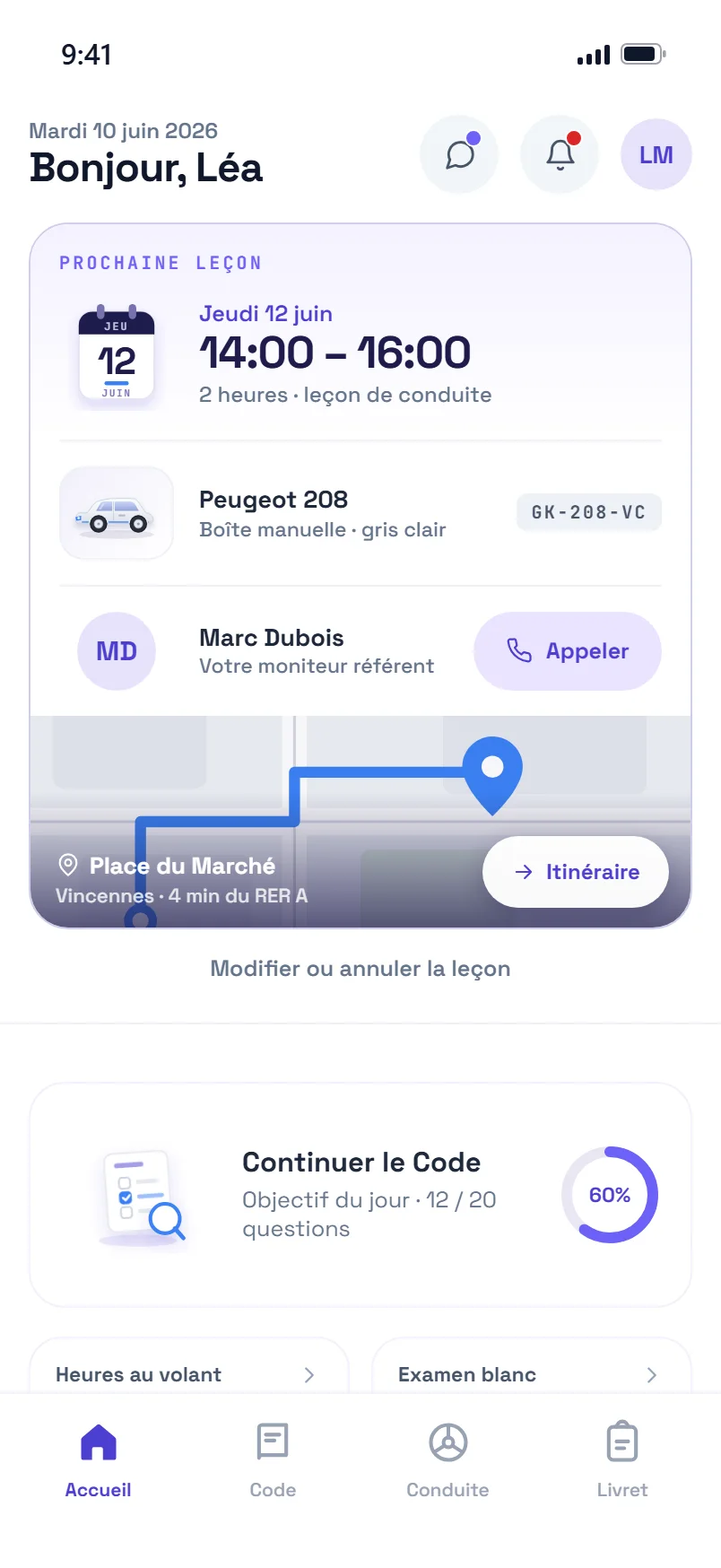 Tableau de bord de l'app Smoni : prochaine leçon, moniteur référent et progression du code